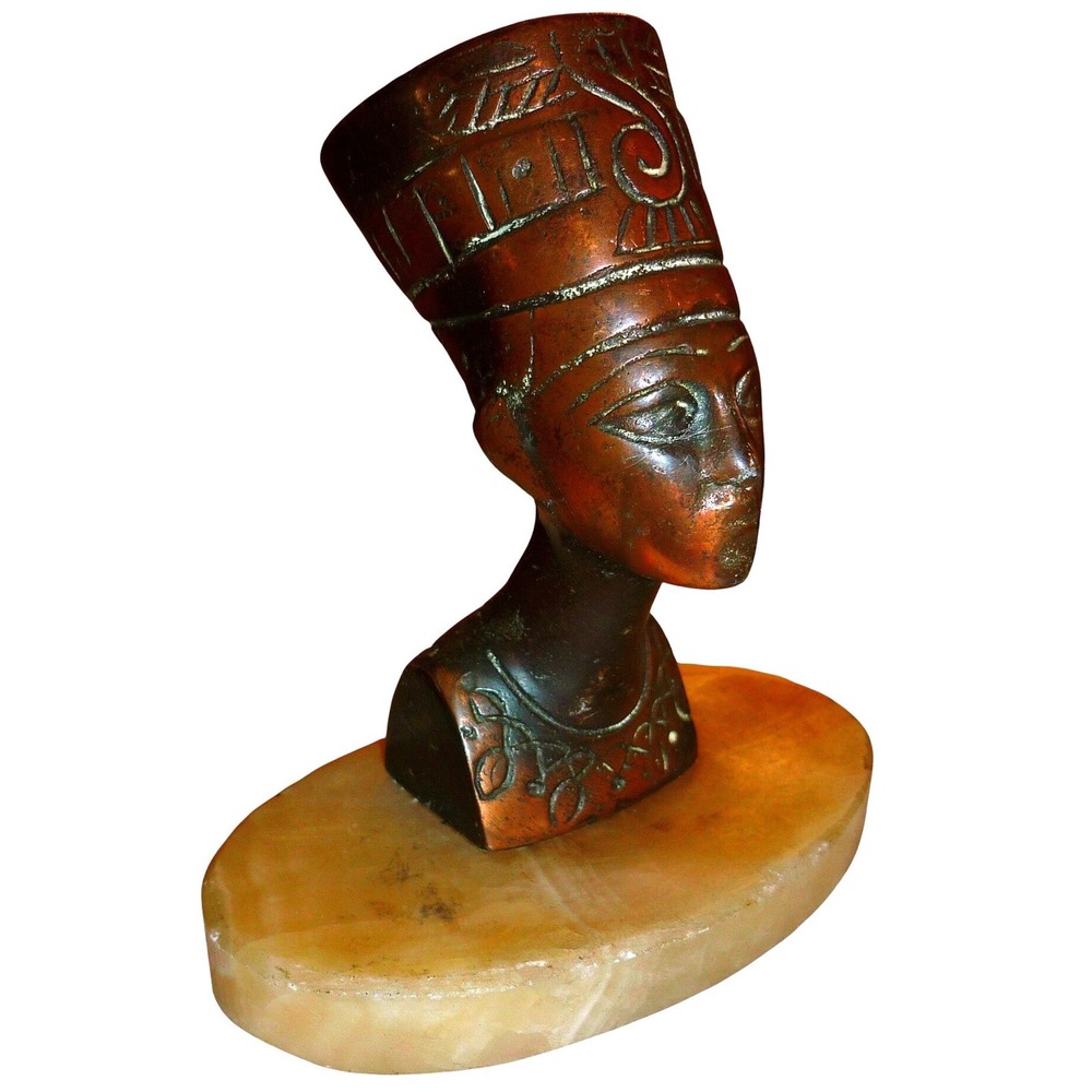 Vtg Egyptian Revival Bronze Brass Nefertiti Bust Sculpture Alabaster Onyx Base